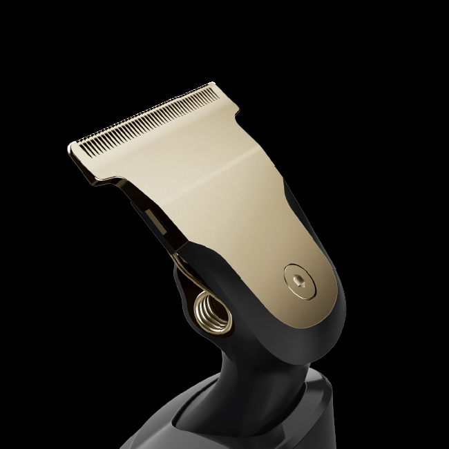 Close-up of a gold and black hair clipper blade, angled against a black background, showing the comb.
