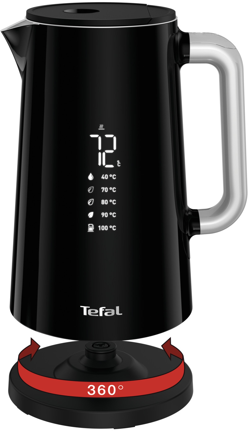 Een zwarte Tefal waterkoker met een digitaal display op een witte achtergrond.