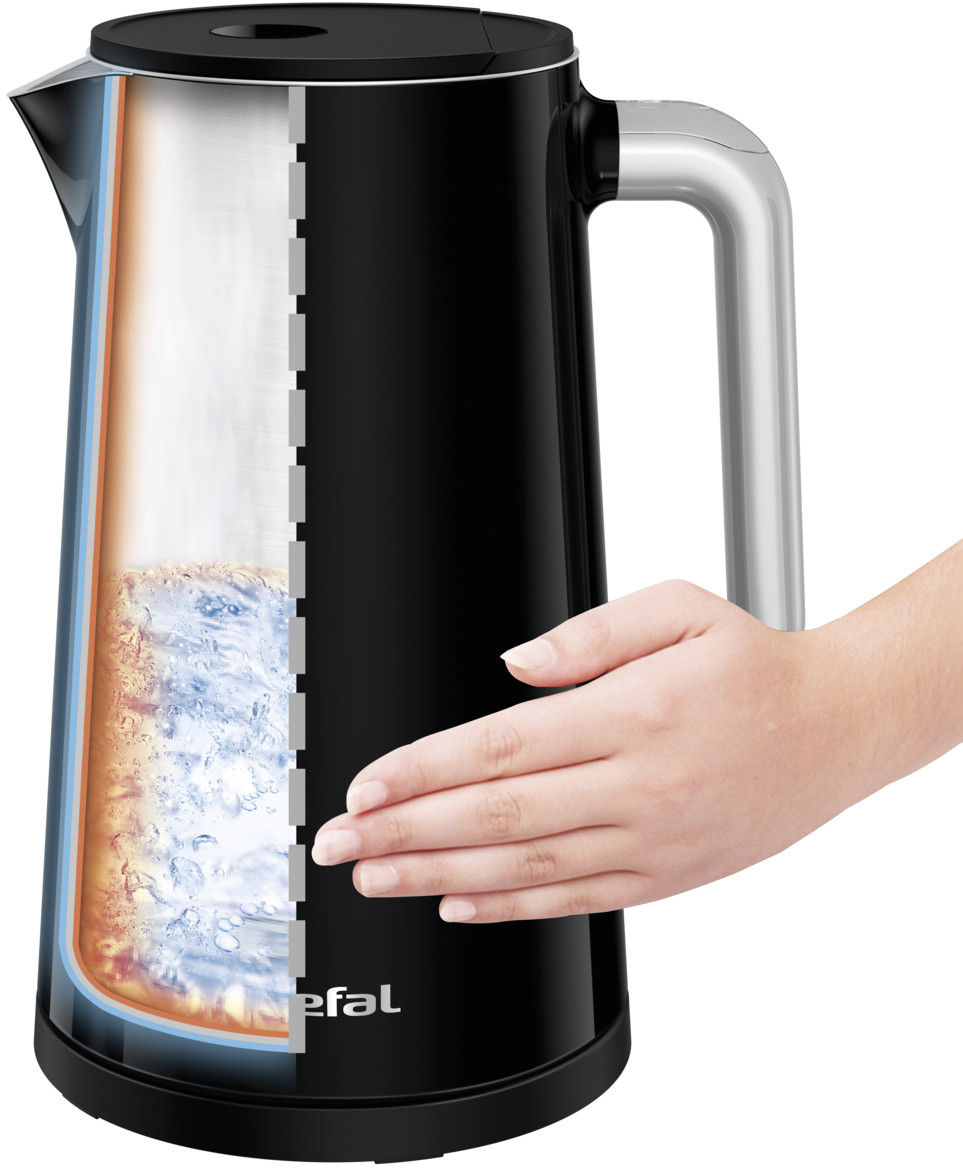 Een zwarte en zilveren waterkoker, met een doorsnede die water laat zien.