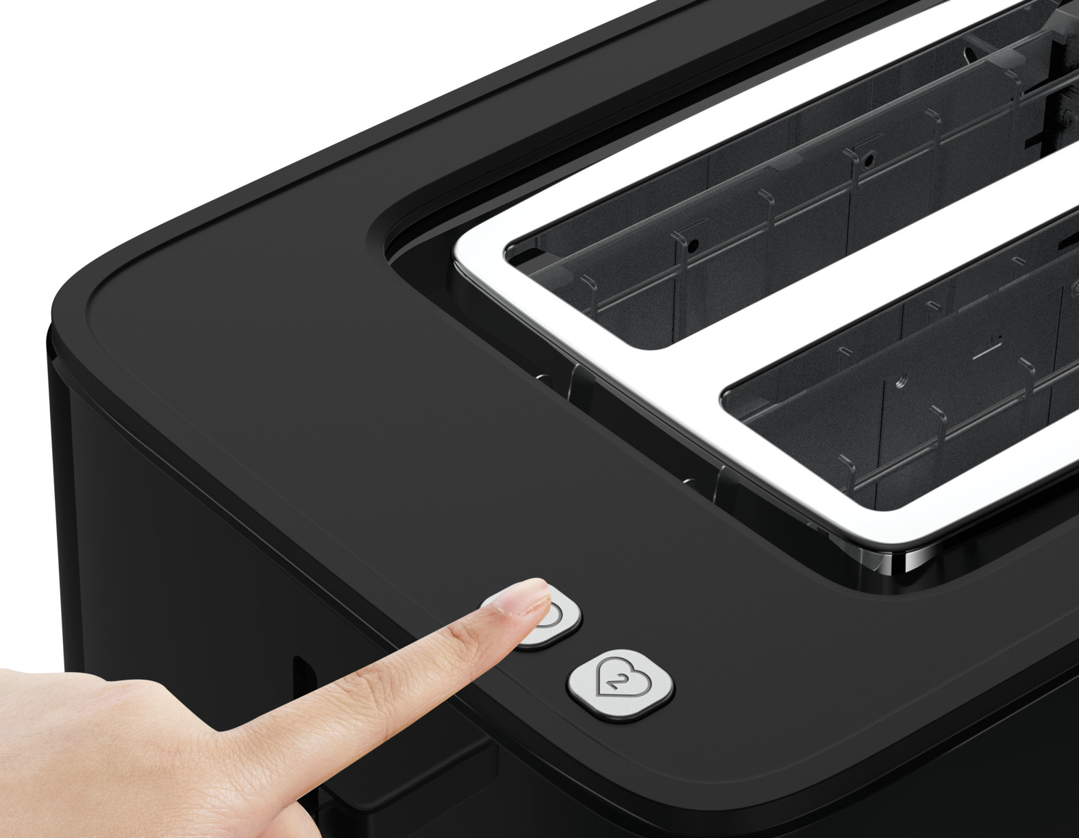 Une main appuyant sur un bouton d'un grille-pain noir.