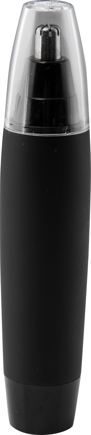 Un coupe-poils de nez noir avec un dessus transparent. La tondeuse est devant un fond noir.
