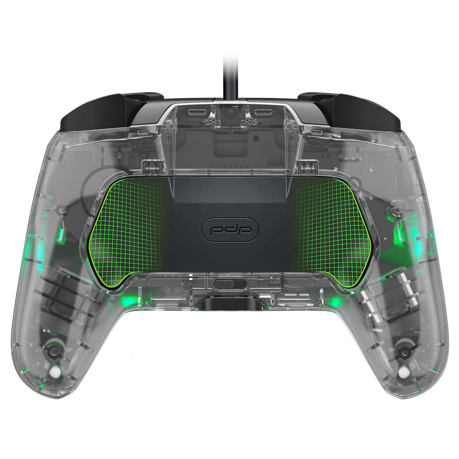 A transparent game controller with green illuminated details.