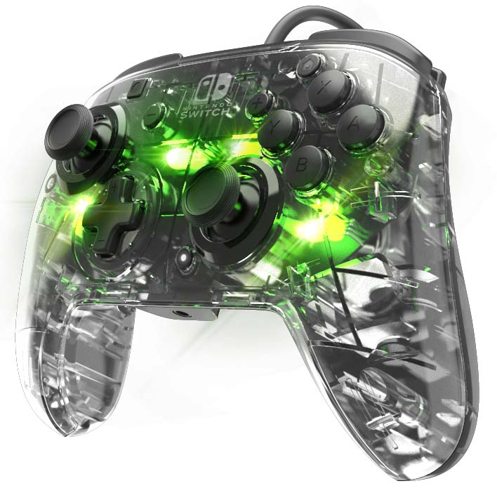 A transparent Nintendo Switch controller with green lights.
