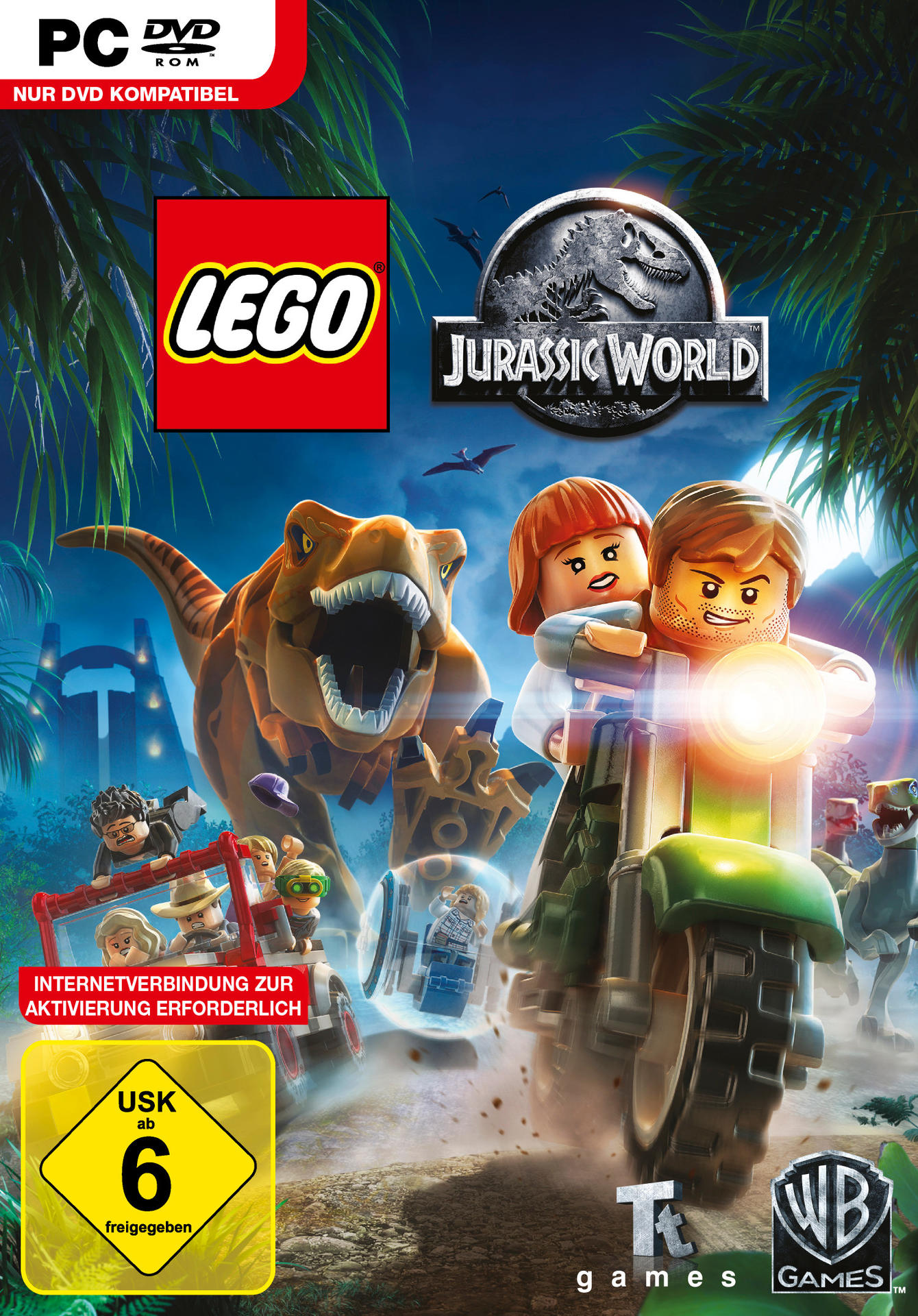 LEGO Jurassic World-Spielcover mit einem T-Rex und Figuren auf einem Motorrad.