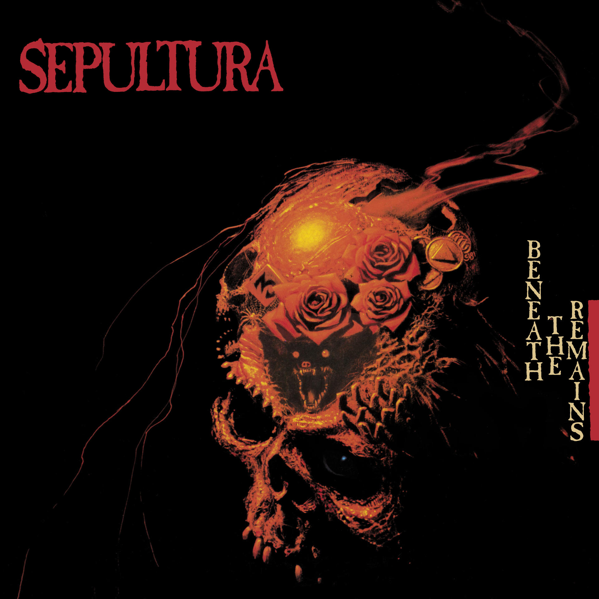 Pochette d'album : un crâne avec des roses et des flammes. Texte : Sepultura - Beneath the Remains.