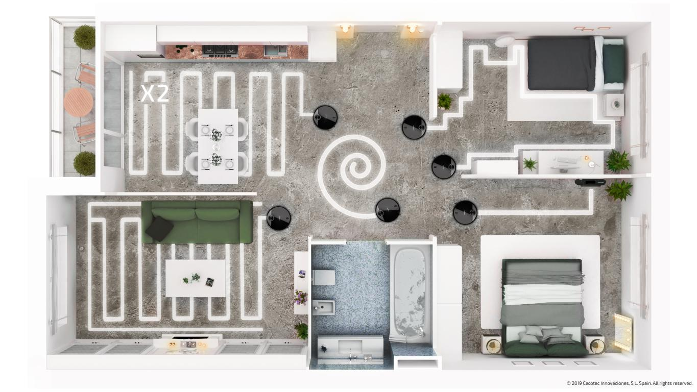 Vista superior de un plano de casa. Incluye muebles, robots aspiradores y rutas de limpieza.