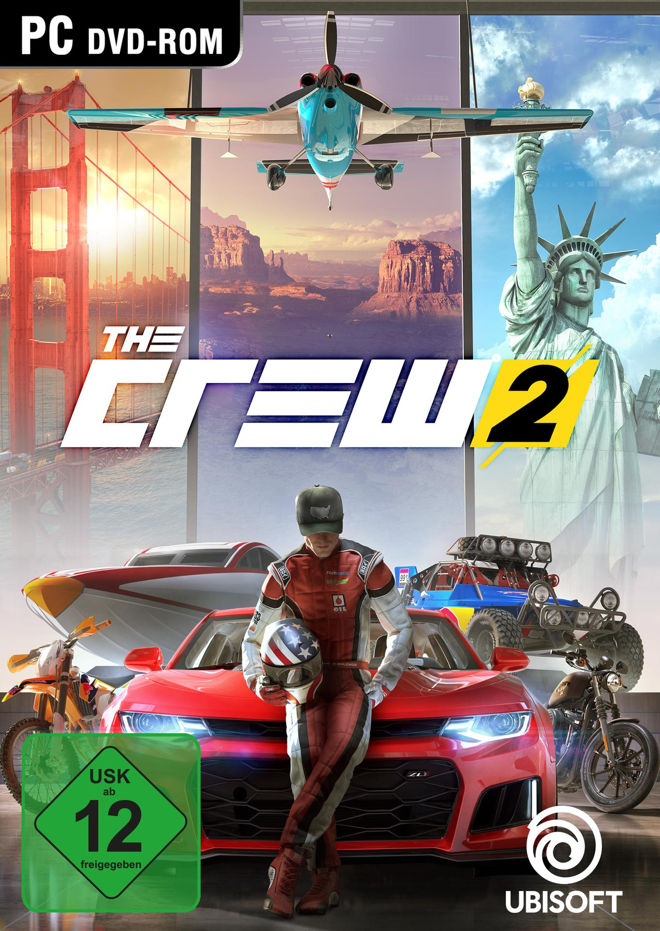 The Crew 2 Spiel-Box-Art mit Auto, Flugzeug, Freiheitsstatue und verschiedenen Fahrzeugen.