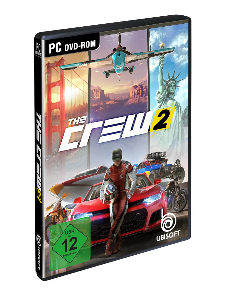 Die Crew 2 Spielbox. Ein Rennwagen und ein Düsenjet sind auf dem Cover. Die Freiheitsstatue ist sichtbar.