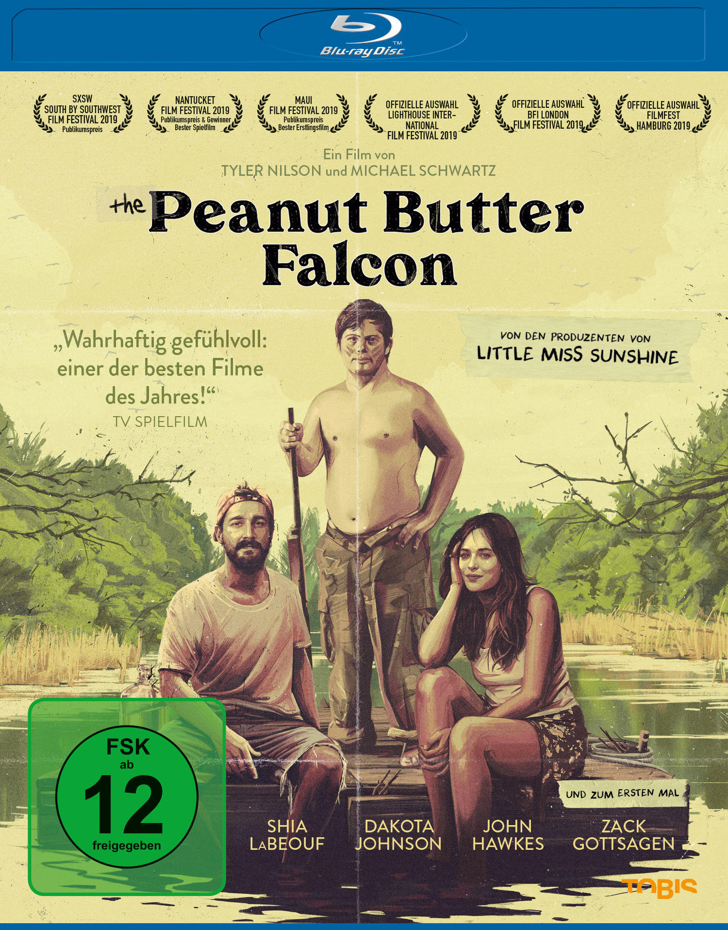 DVD-Hülle für 'The Peanut Butter Falcon'. Drei Personen auf Boot, Text auf Deutsch. Grüne Bewertung.