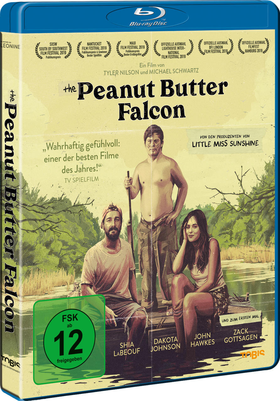 Blu-ray-Filmcover: 'The Peanut Butter Falcon'. Schauspieler, Filmauszeichnungen und Text auf blauem Hintergrund.