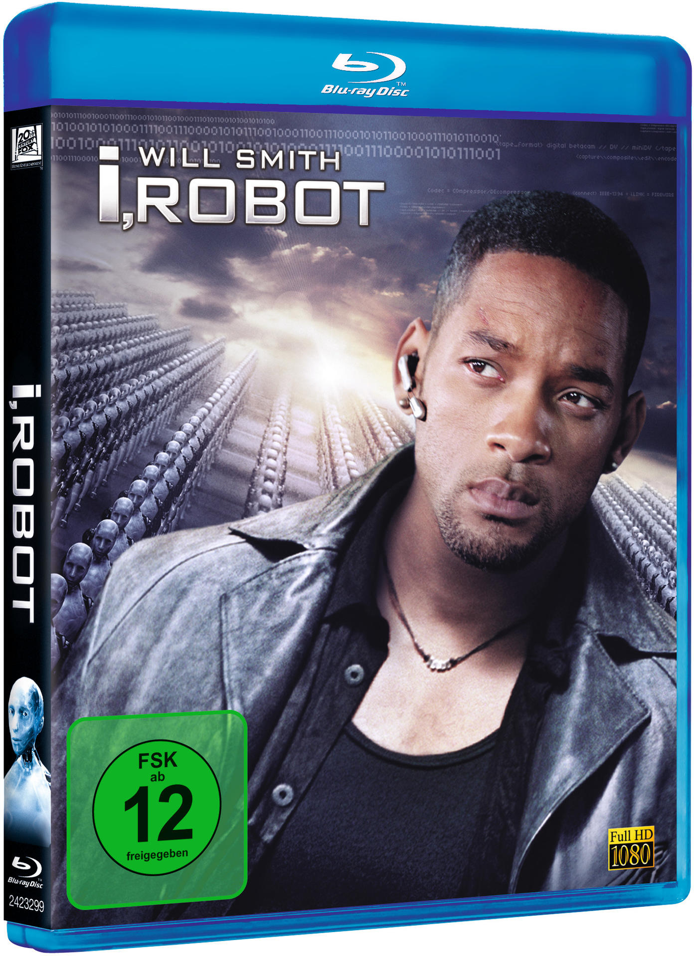 Blu-ray-Cover von 'I, Robot' mit Will Smith. Roboter im Hintergrund.