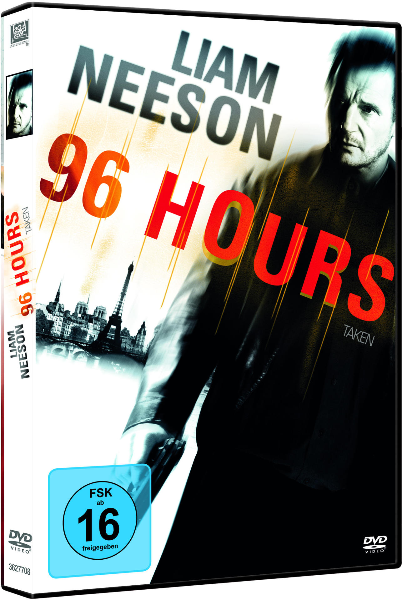 96 Hours DVD-Cover. Liam Neesons Gesicht. Paris-Hintergrund. Titel "96 Hours" und "Taken".