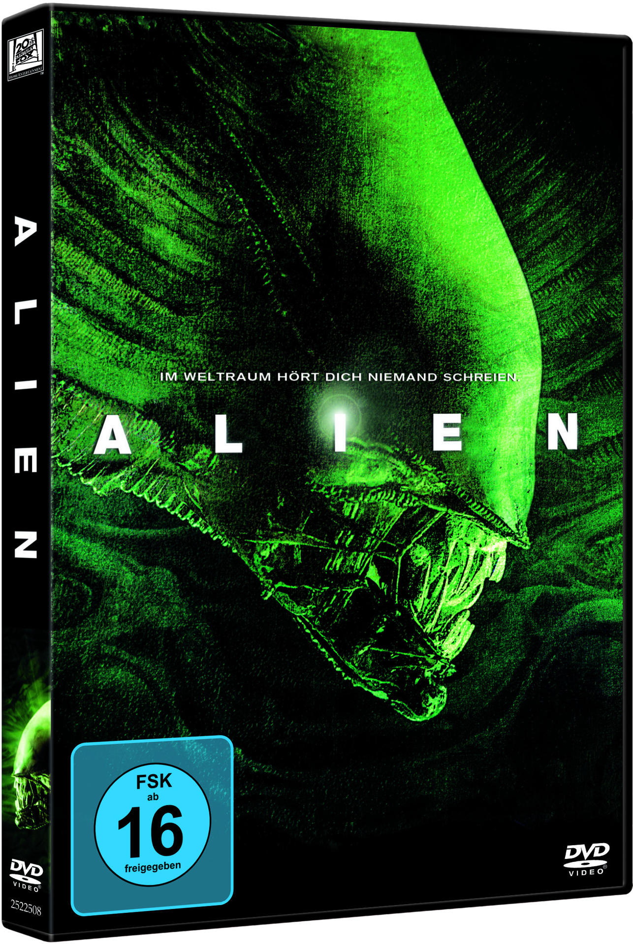 DVD-Cover für 'Alien', zeigt den Kopf des Aliens. Grün-Schwarz-Farbschema.