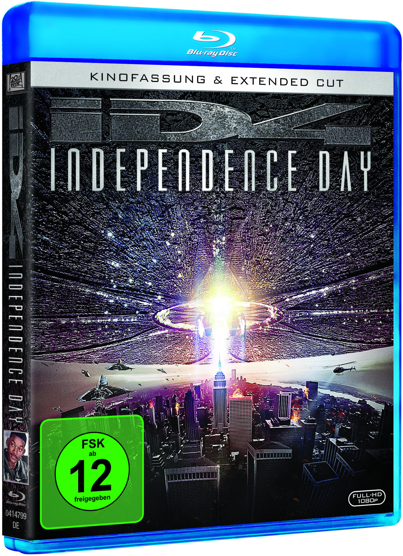 Independence Day Blu-ray-Hülle. Blaue Hülle mit Filmtitel und Stadtbildern.