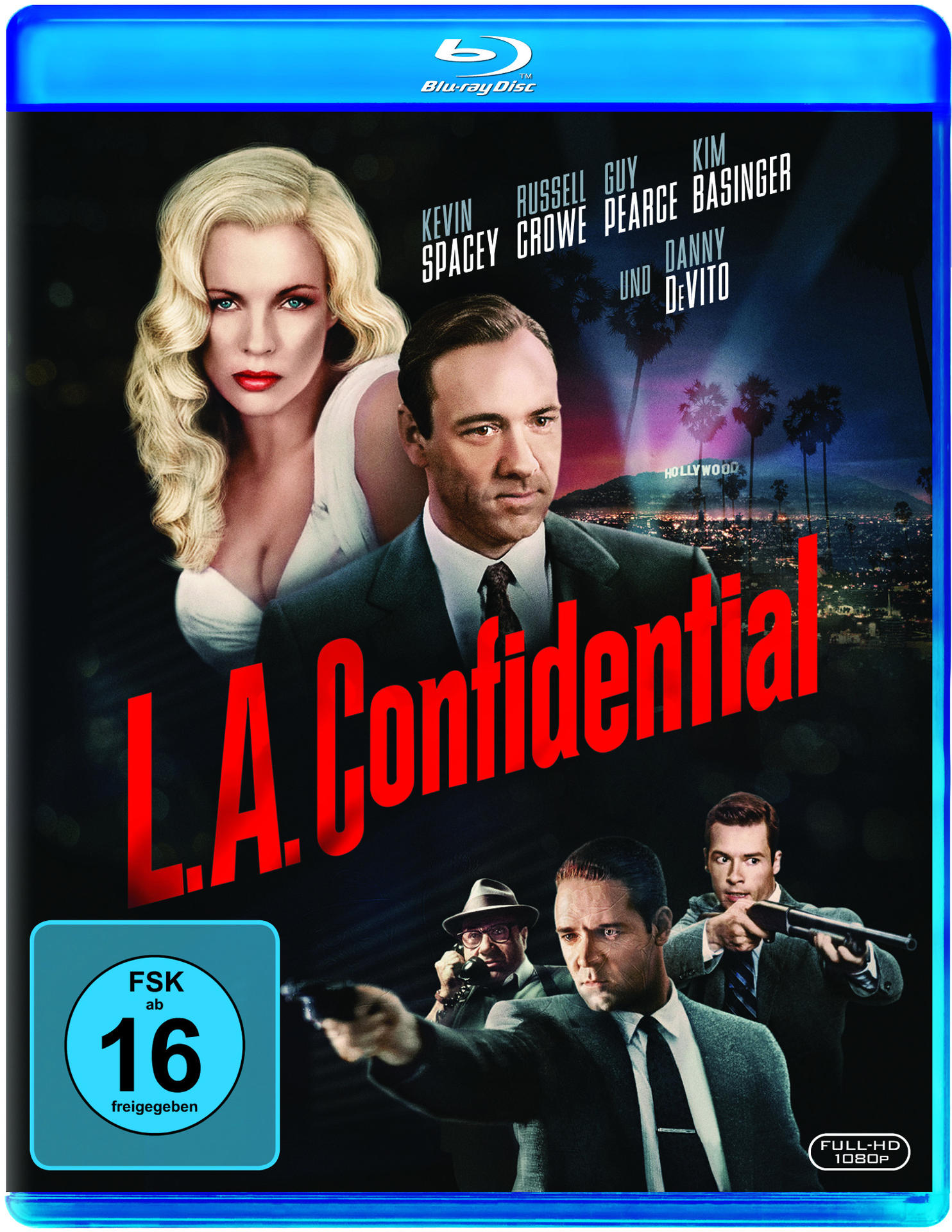 Filmcover von L.A. Confidential. Schauspieler und Schauspielerinnen vor einem Stadtblick.