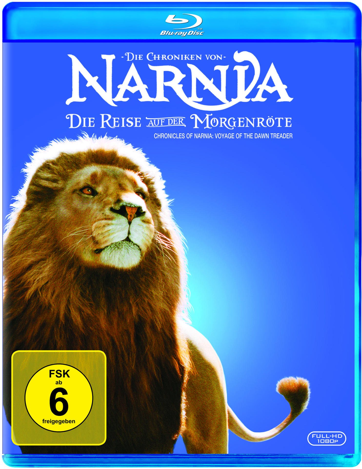 Narnia DVD-Cover mit Löwen im Vordergrund, blauem Hintergrund und Text auf Englisch und Deutsch.