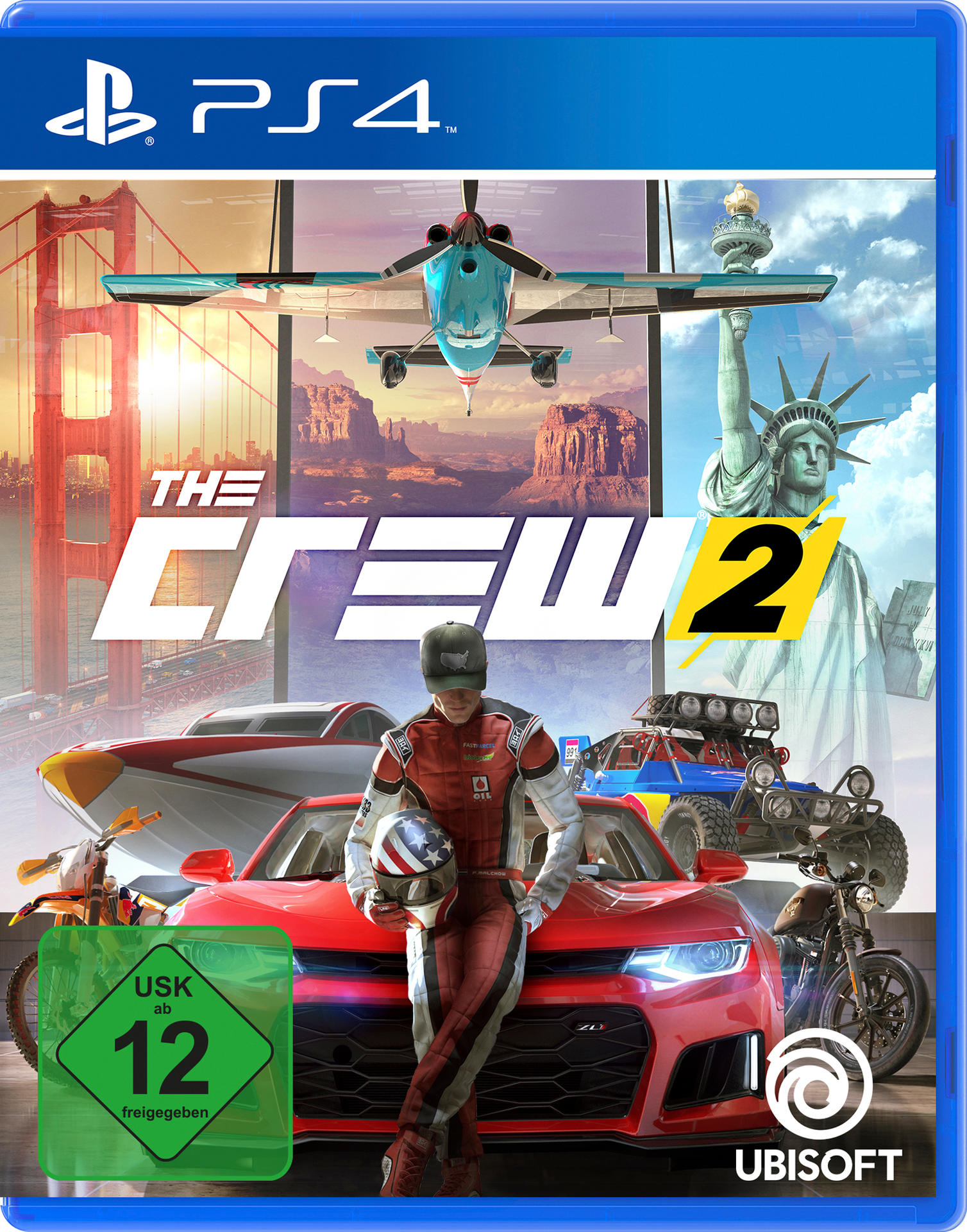 Videospiel-Box-Art: The Crew 2 mit Autos, Flugzeug und Sehenswürdigkeiten.