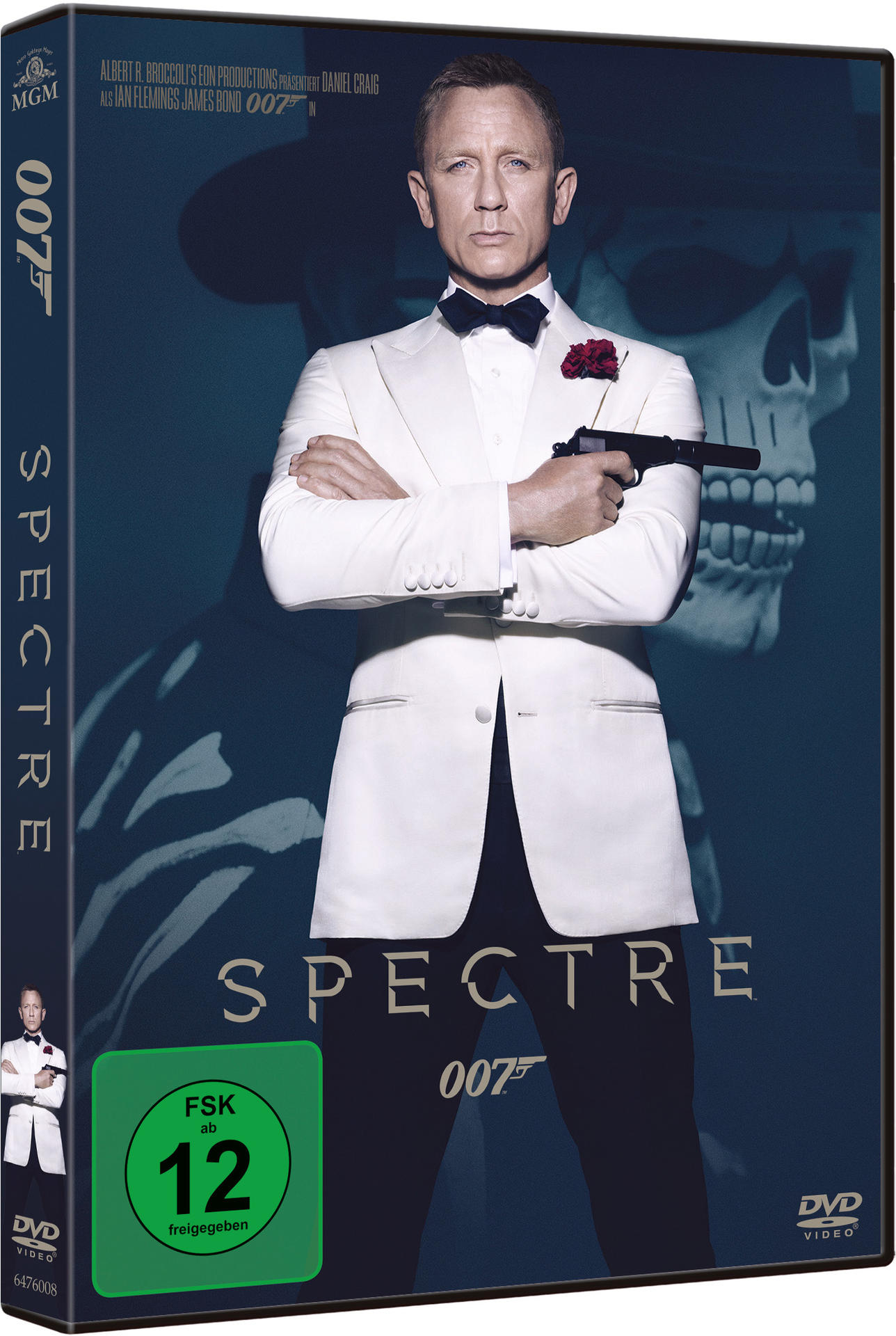James Bond in weißem Smoking mit Waffe und Totenkopf-Silhouette.