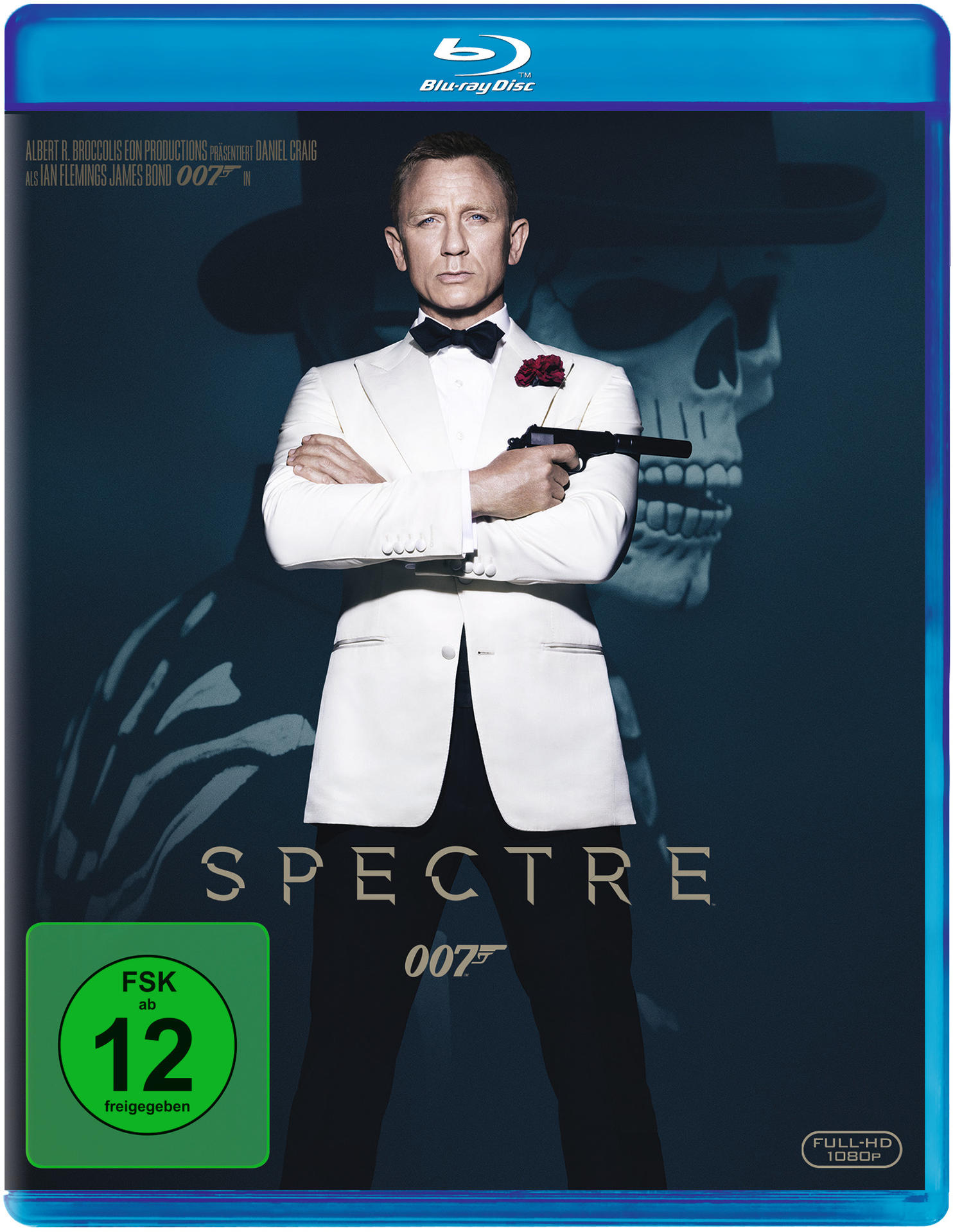 Daniel Craig als James Bond 007 im weißen Anzug mit Pistole. Hintergrund: Totenkopf.