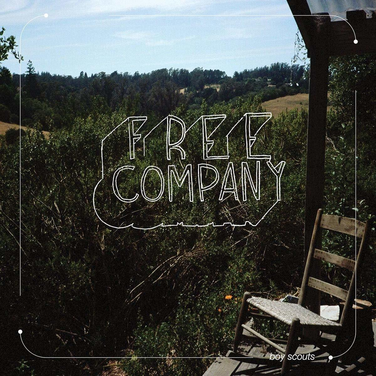 Albumcover: Free Company. Landschaft mit Bäumen, Schaukelstuhl und Hütte. Himmel im Hintergrund.