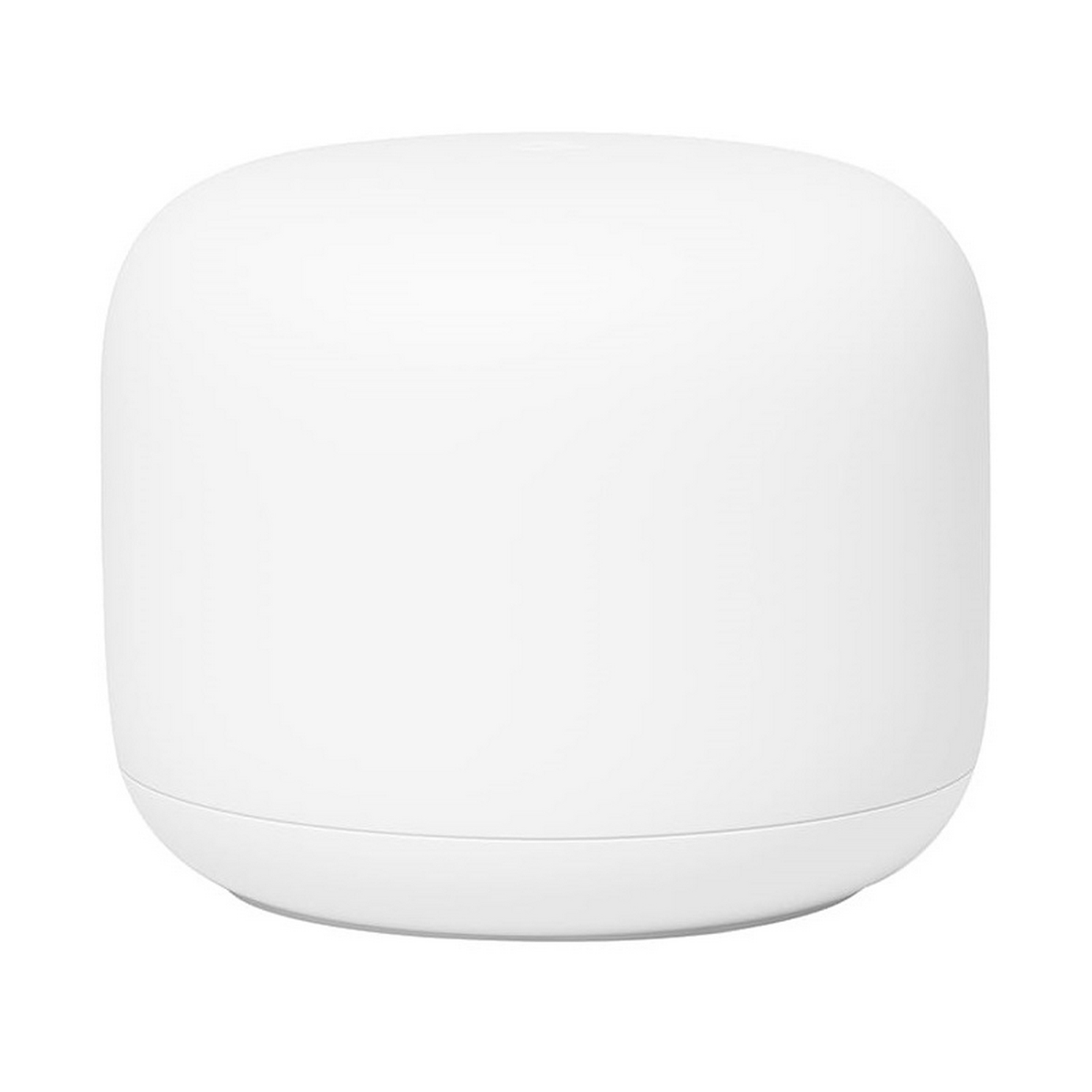 Un Google Nest Hub blanco sobre una superficie blanca, toma del producto.