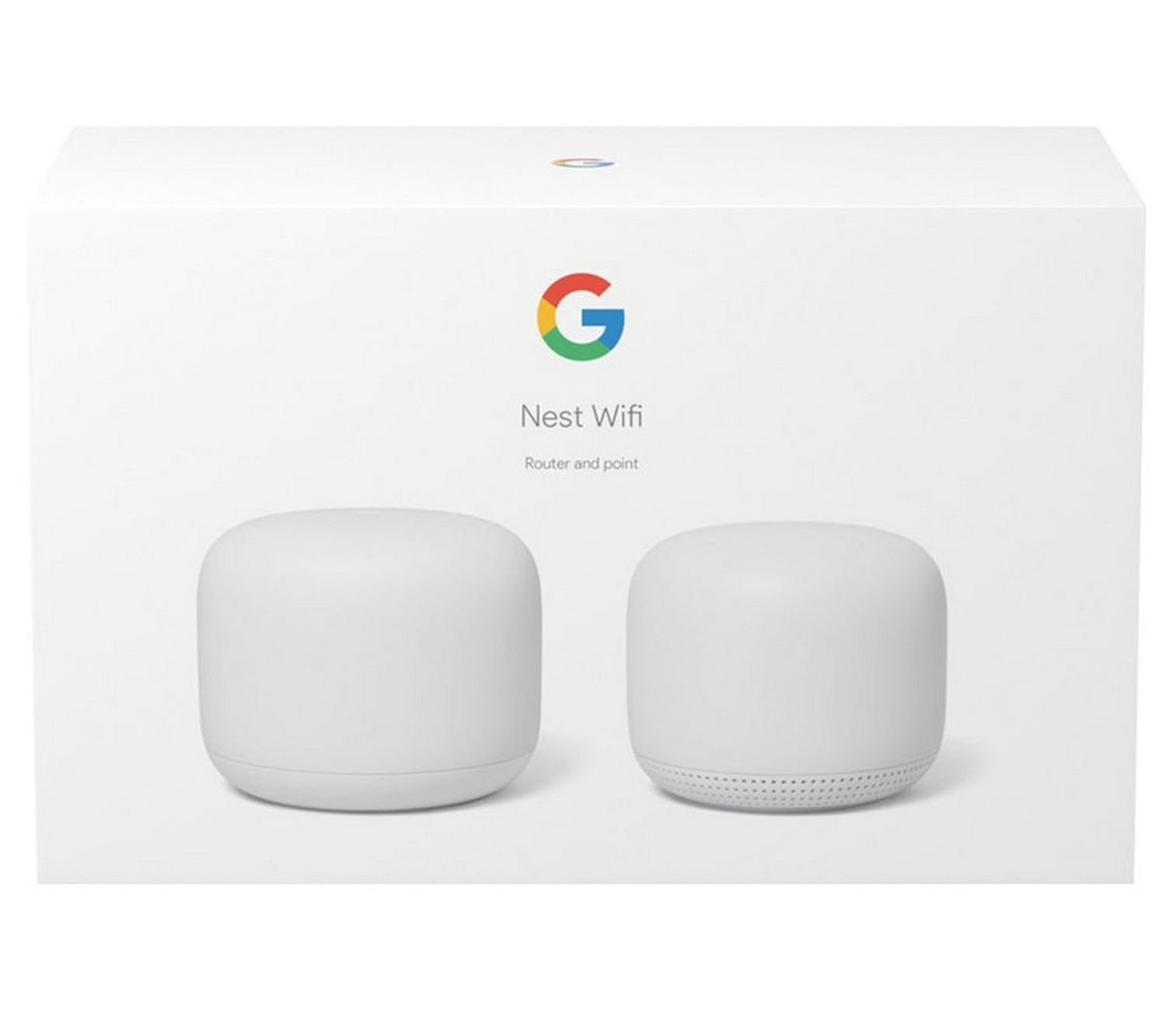 Se muestra un paquete de Google Nest Wifi, con dos dispositivos blancos.