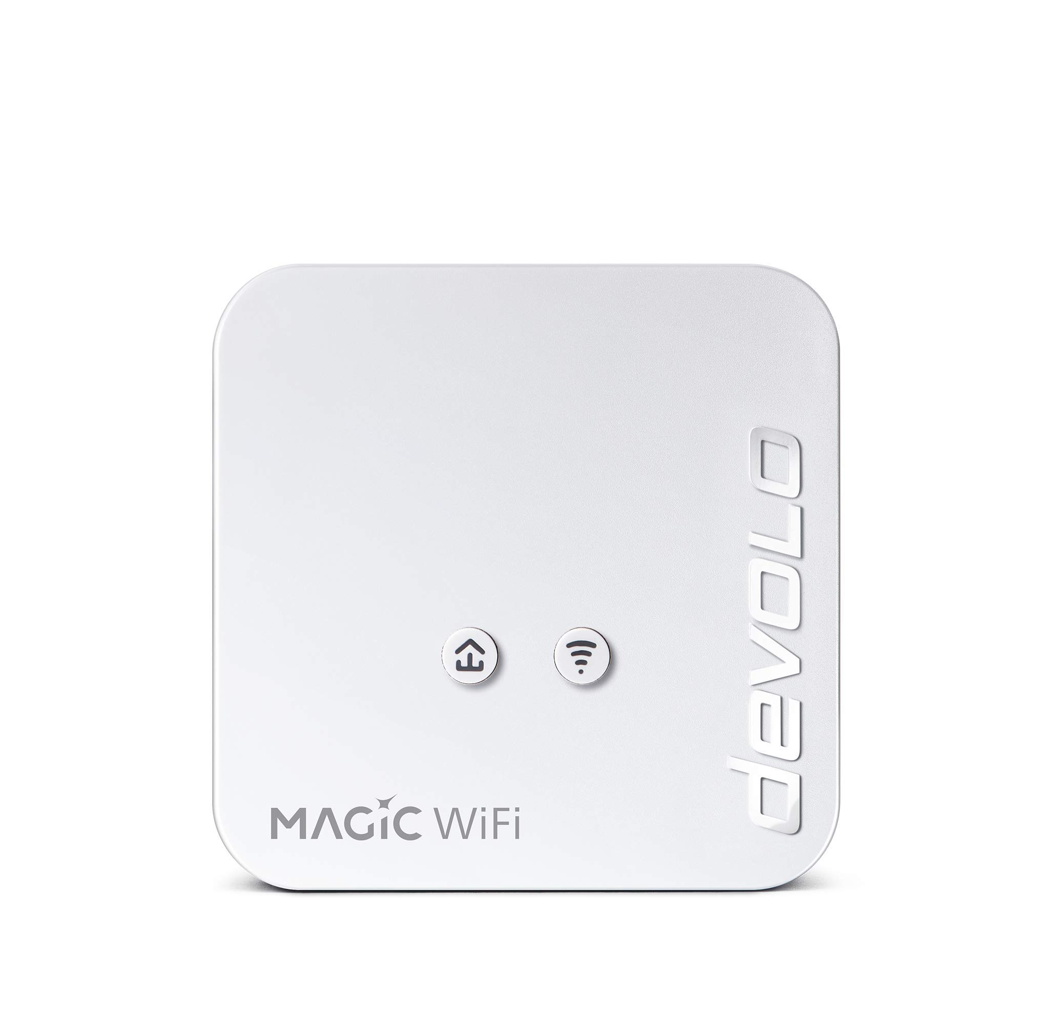 Un dispositivo WiFi Devolo Magic blanco. Tiene forma cuadrada y dos botones redondos en la parte delantera.