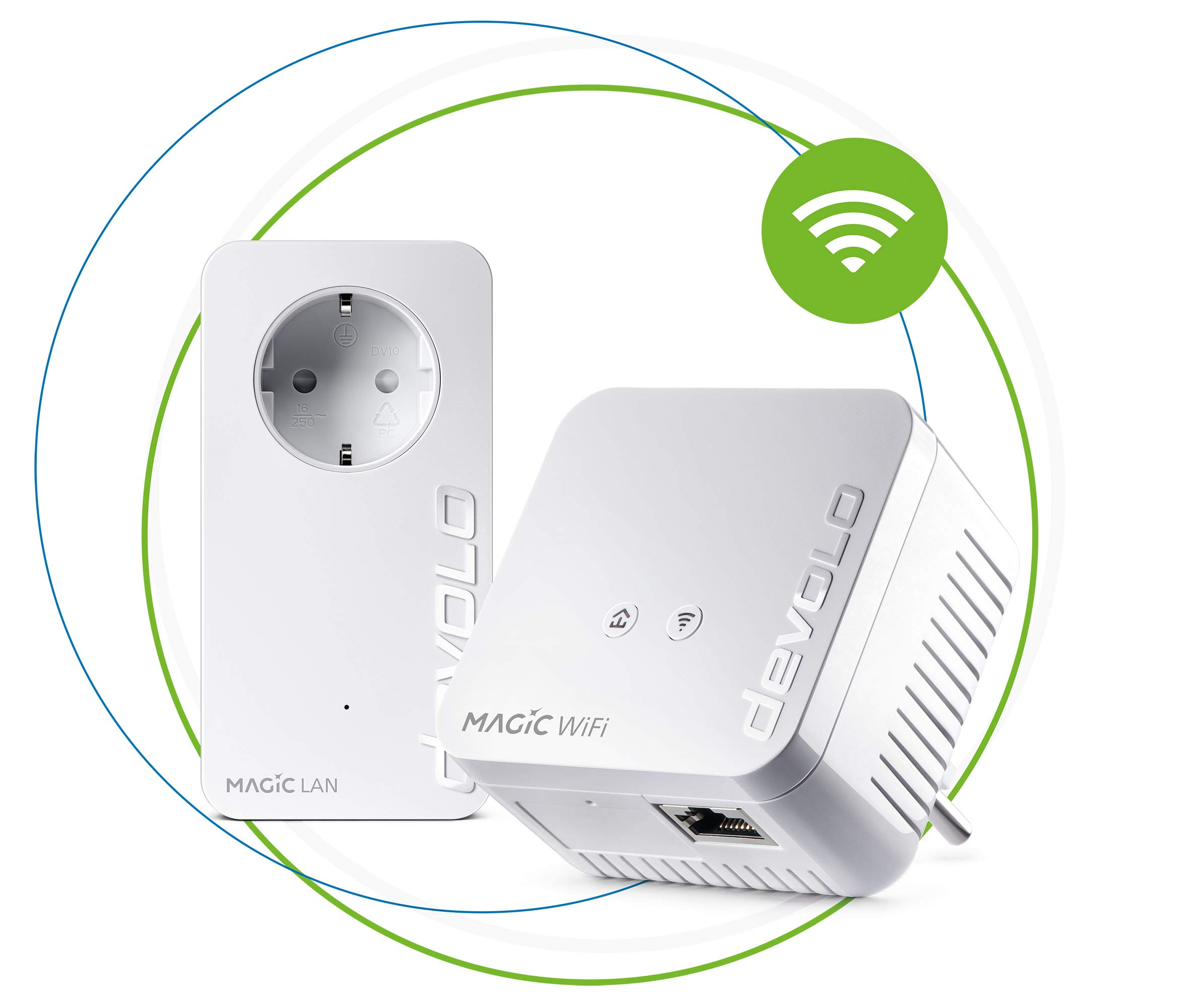Dos dispositivos WiFi devolo Magic blancos. Uno enchufado, el otro en una mesa. Icono WiFi verde.
