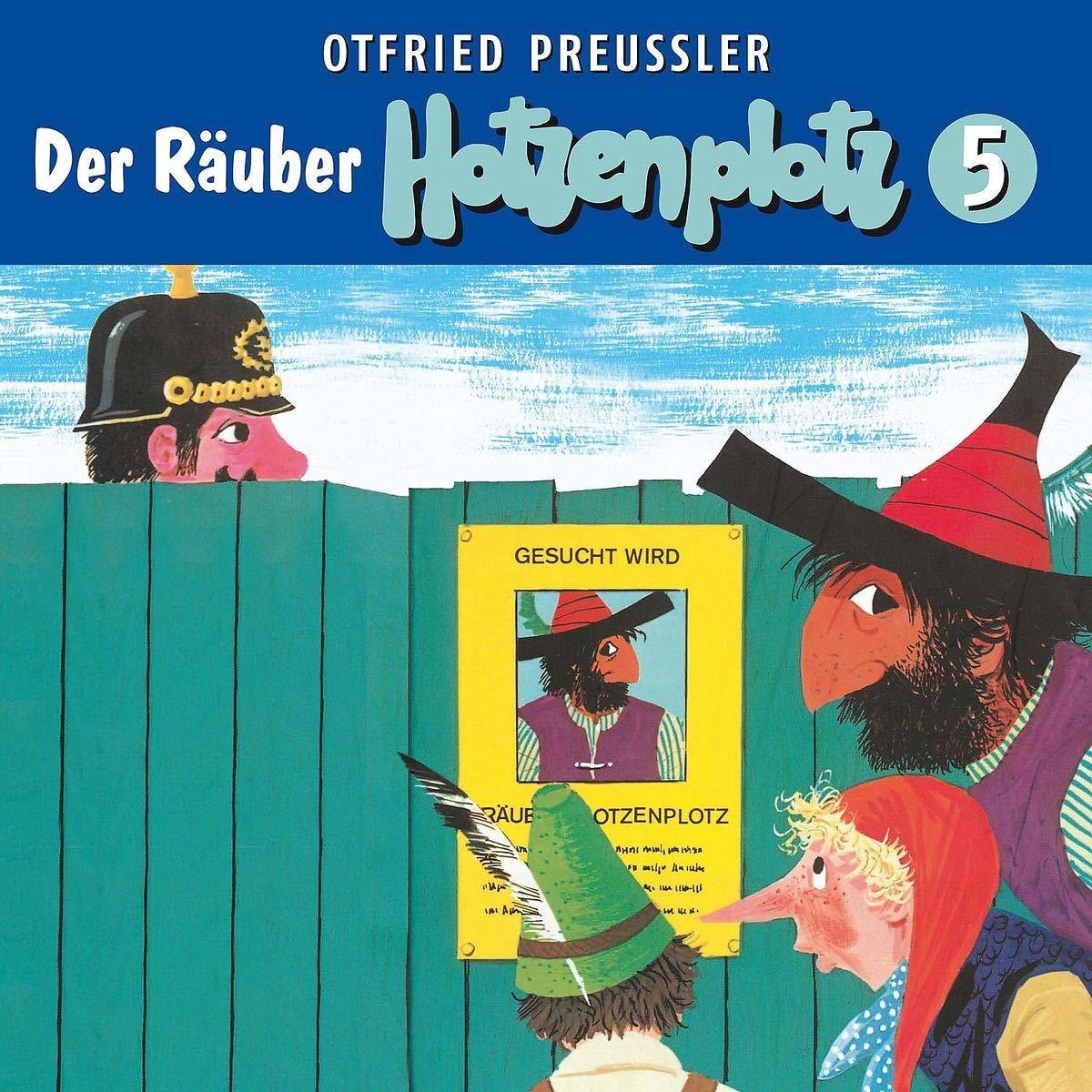 Buchcover für 'Der Räuber Hotzenplotz'. Enthält Cartoon-Illustrationen von Figuren und einem Zaun.