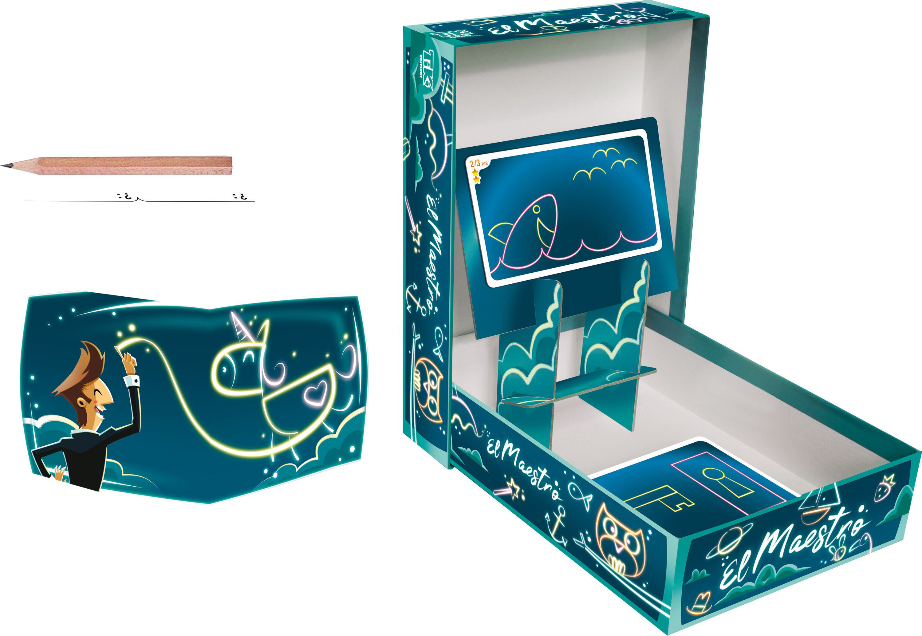 Brettspiel in einer Box mit Zeichenmotiv. Enthält einen Bleistift, eine Einhornzeichnung und Spielkarten.