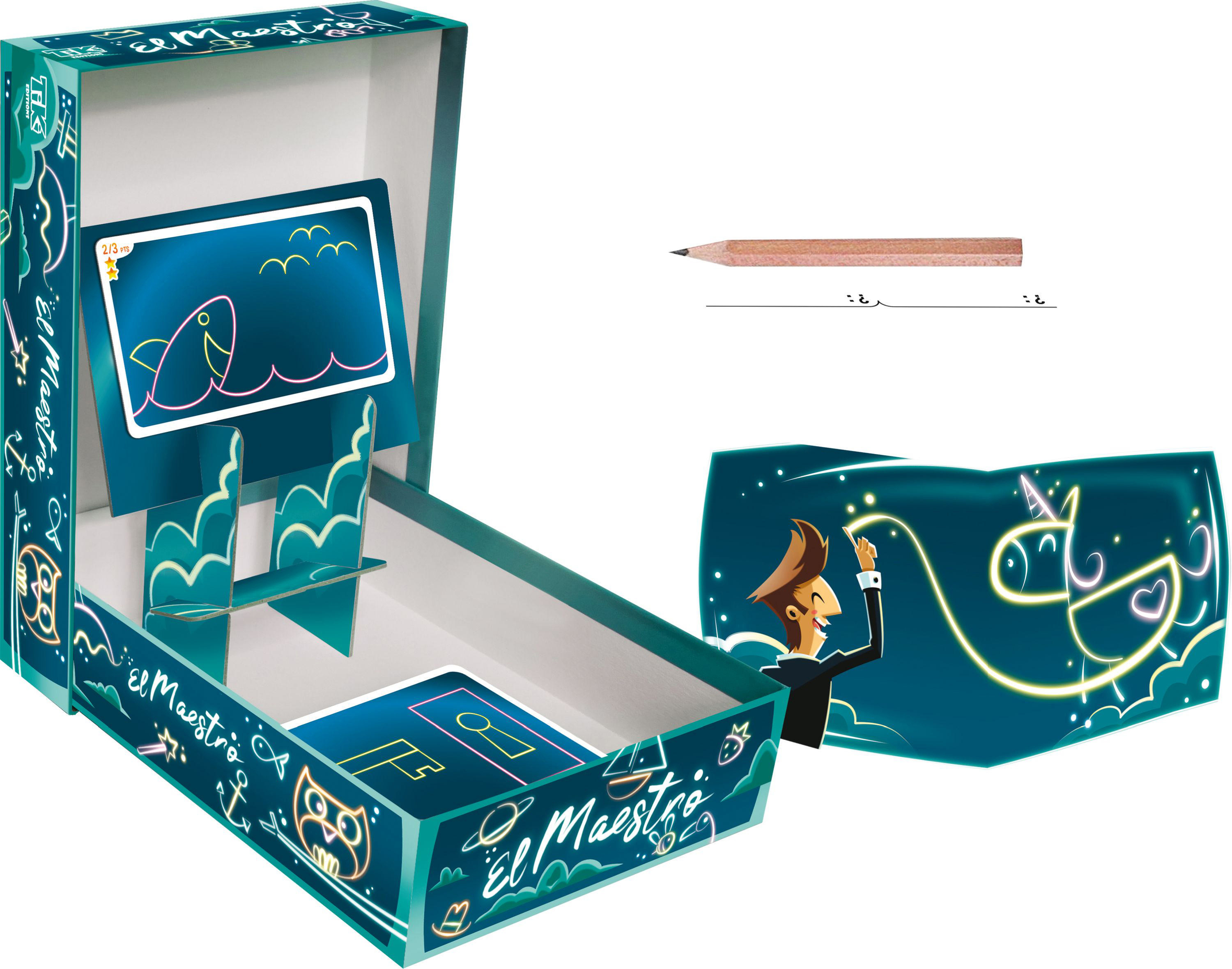 Eine Brettspielbox und Komponenten. Die Box ist geöffnet und zeigt Karten und andere Spielteile.