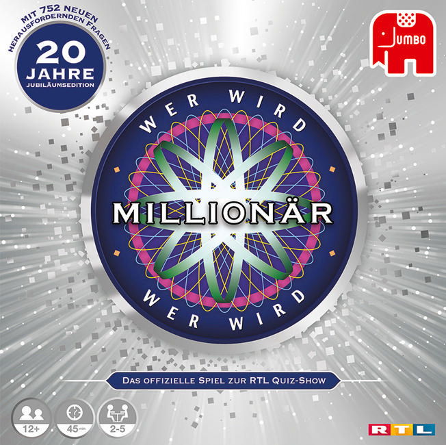 Spielbox von 'Wer wird Millionär?' mit blauem und silbernem Sternendesign.