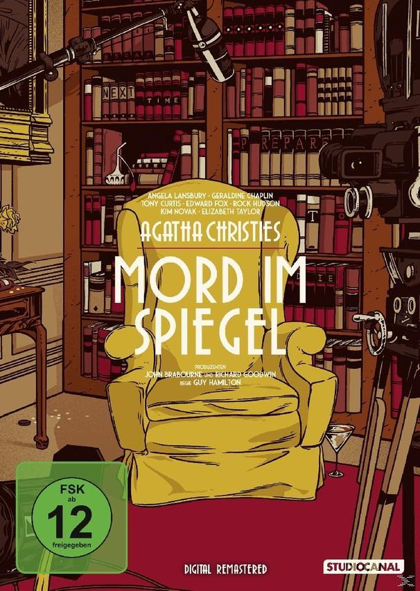 DVD-Cover mit gelbem Sessel und Bücherregal. Titel: Agatha Christies 'Mord im Spiegel'.