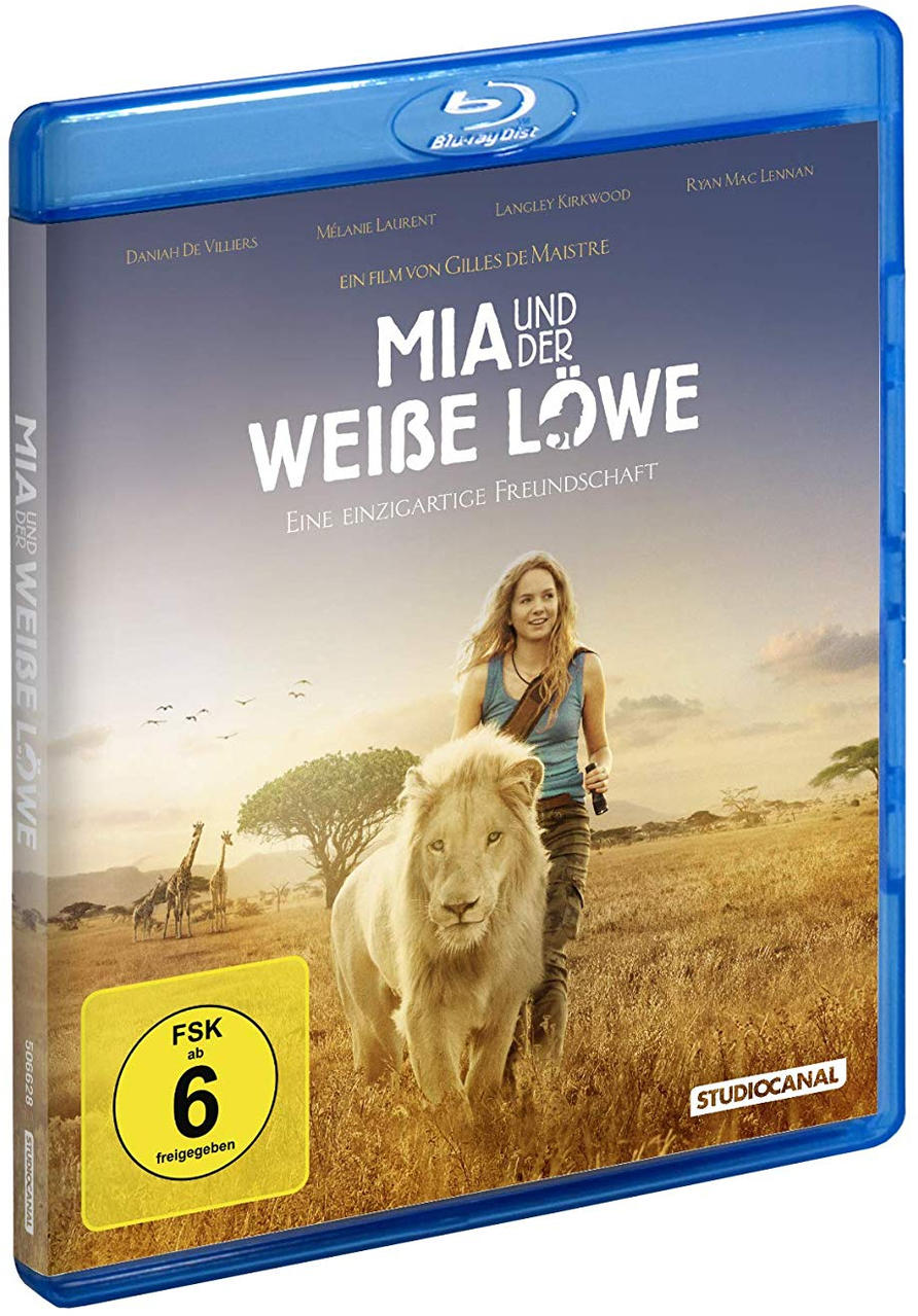 Blu-ray-Cover von "Mia und der weiße Löwe", ein Mädchen und ein Löwe auf einem Feld.