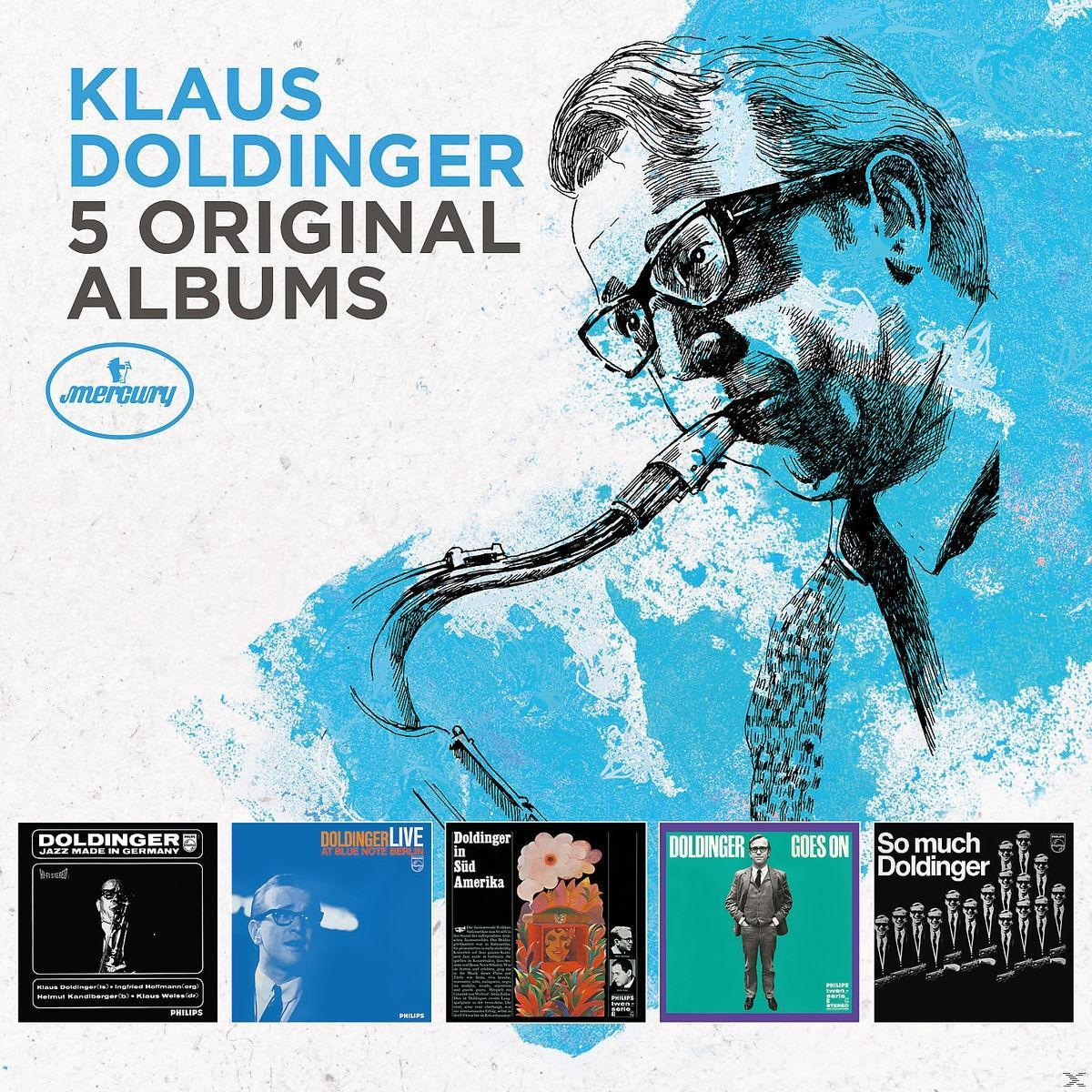 Albumcover: Klaus Doldinger, 5 Original Alben. Portrait von Doldinger. Albumcover darunter.