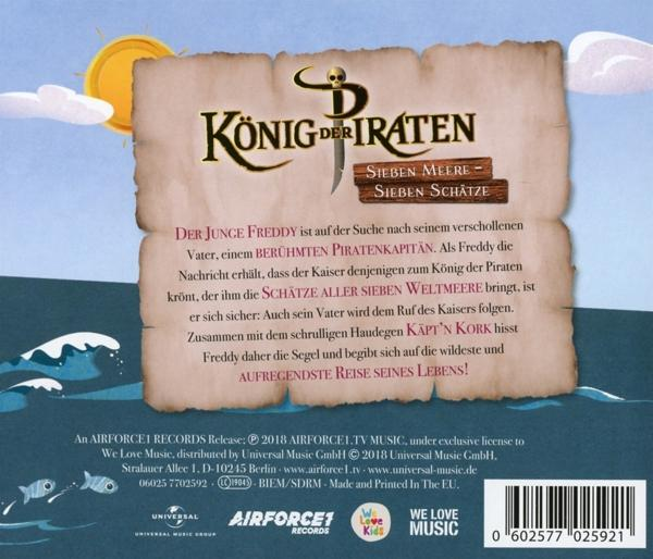 CD-Cover mit Piraten-Thema. Titel 'König der Piraten'. Sonne, Wolken und Meereswellen im Hintergrund. Text auf Schriftrolle.