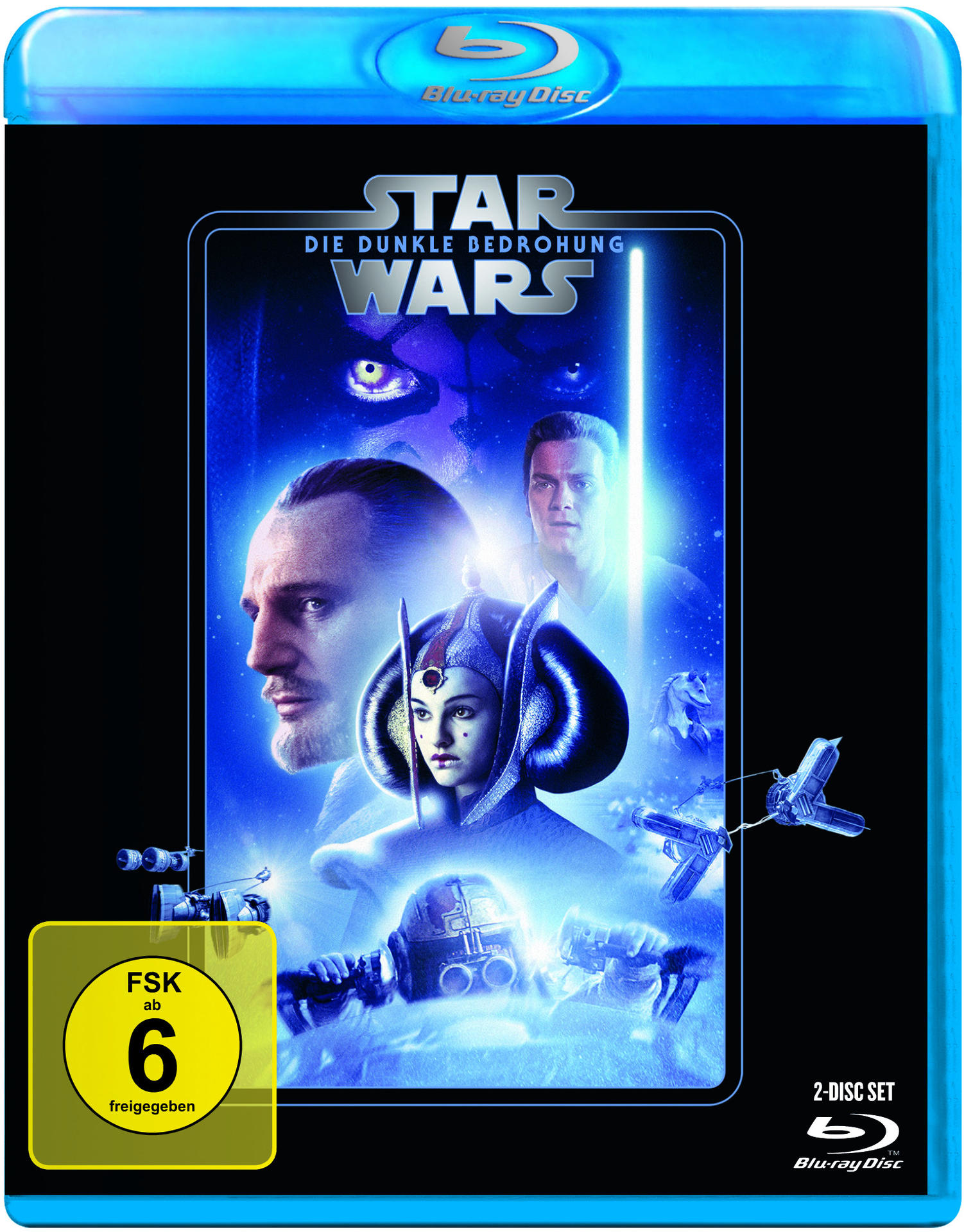Blu-ray-Hülle für Star Wars. Gesichter der Charaktere, blauer Hintergrund, Bewertung.