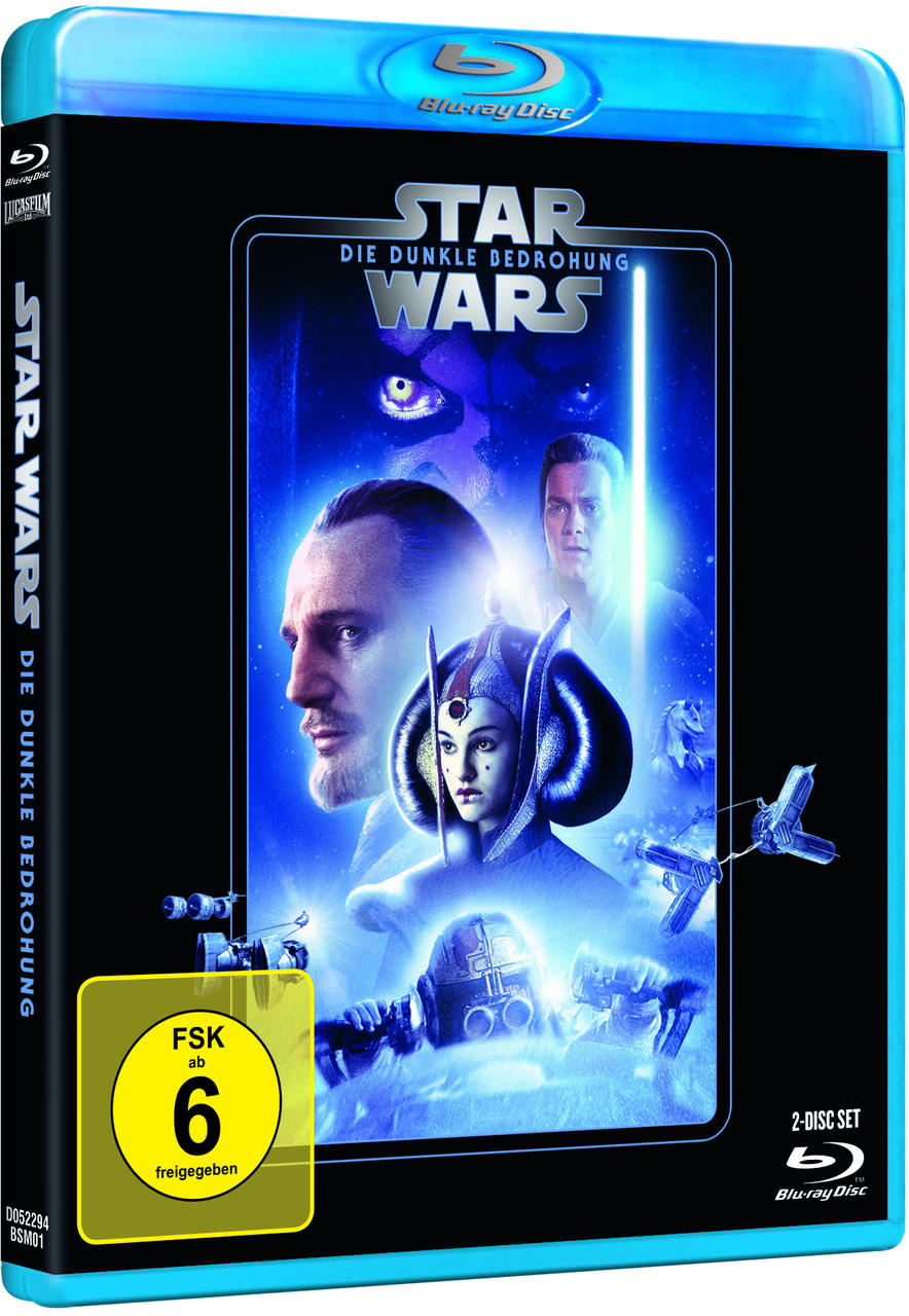 Blu-ray-Disc-Hülle. Gesichter von Schauspielern, Titel 'Star Wars' auf Deutsch. Blauer Hintergrund.