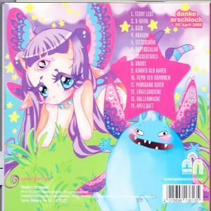 Albumcover-Kunst mit einem lilafarbenen, feenartigen Wesen und einem blauen Monster mit einer Titelliste.