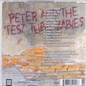 CD-Cover mit Bandnamen Peter Test Tube and The Babies. Liste der Songtitel. Backsteinmauer und Graffiti-Hintergrund.