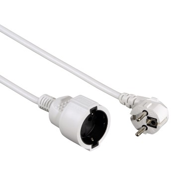 Weißes Netzkabel. Es hat einen Buchsen- und einen Steckeranschluss. Weißer Hintergrund.