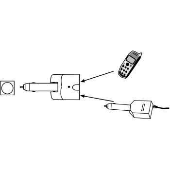 Schwarz-Weiß-Strichzeichnung eines Autoladegeräts mit zwei Pfeilen, die auf ein Telefon und ein Ladegerät zeigen.