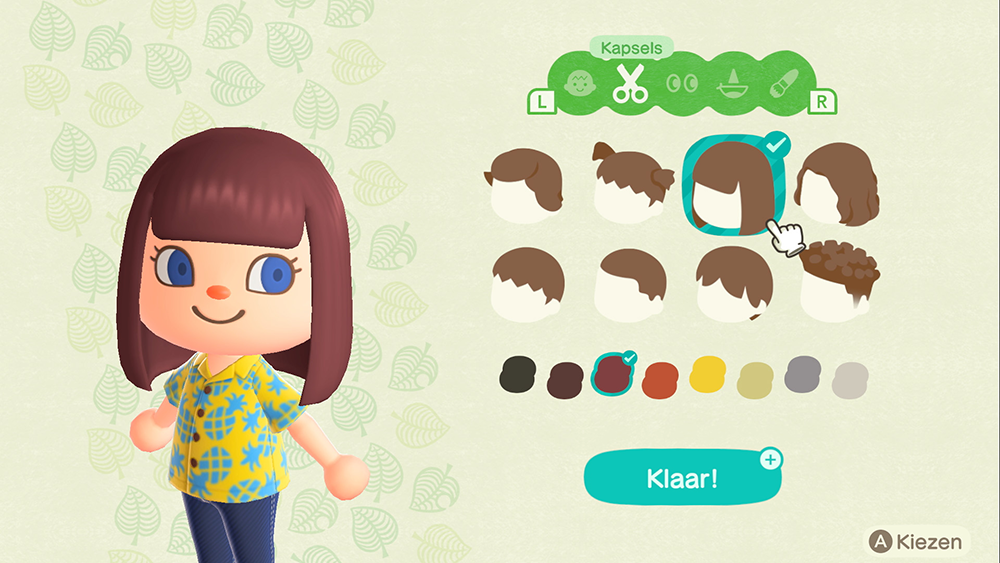 Een Animal Crossing avatar-aanpassingsscherm met kapselopties.
