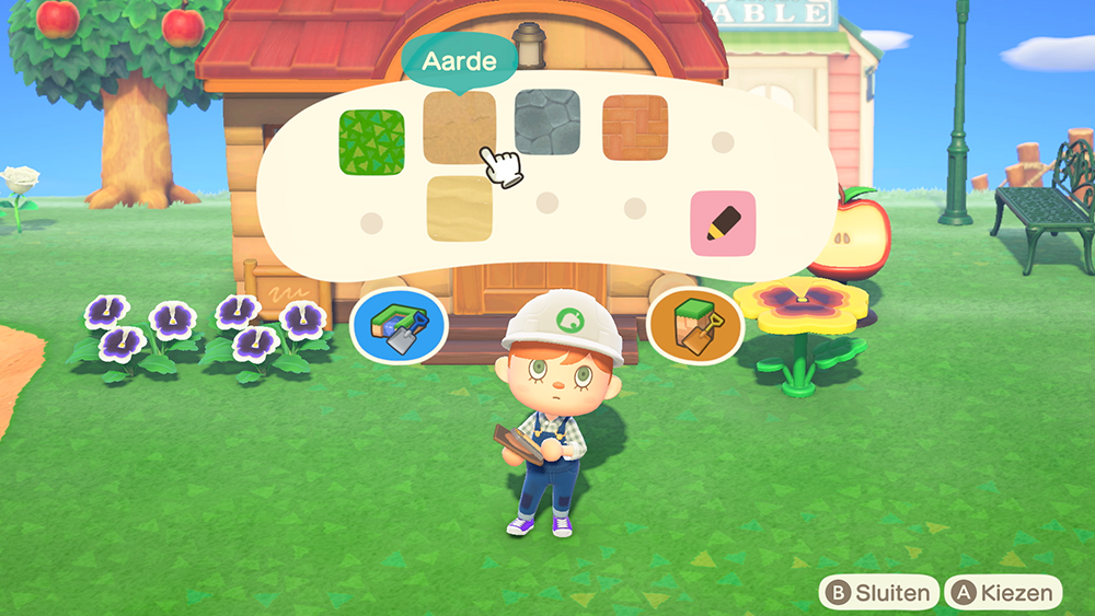 Een persoon in Animal Crossing, die een grondpatroon kiest.