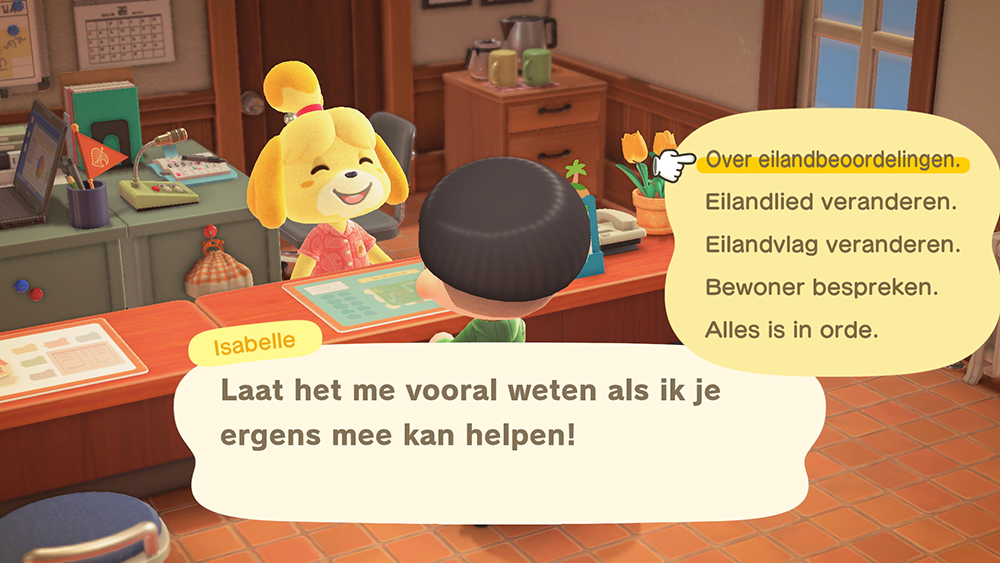 Animal Crossing: Isabelle en een dorpsbewoner in een kamer. Tekstvakken tonen opties.