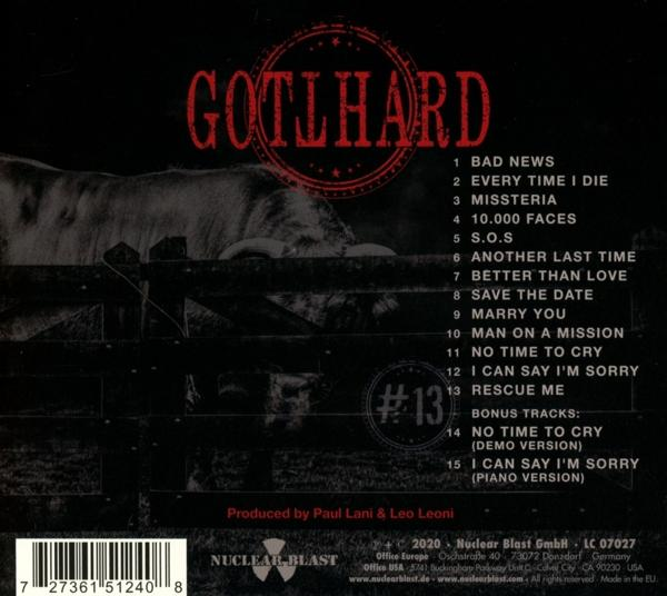 Achterkant van een cd-hoesje met de songlijst en de bandnaam Gotthard. Afbeelding van een koe.