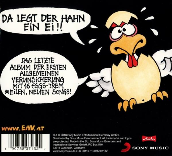 Cartoon-Huhn in zerbrochener Eierschale, mit Sprechblasen und schwarzem Hintergrund.
