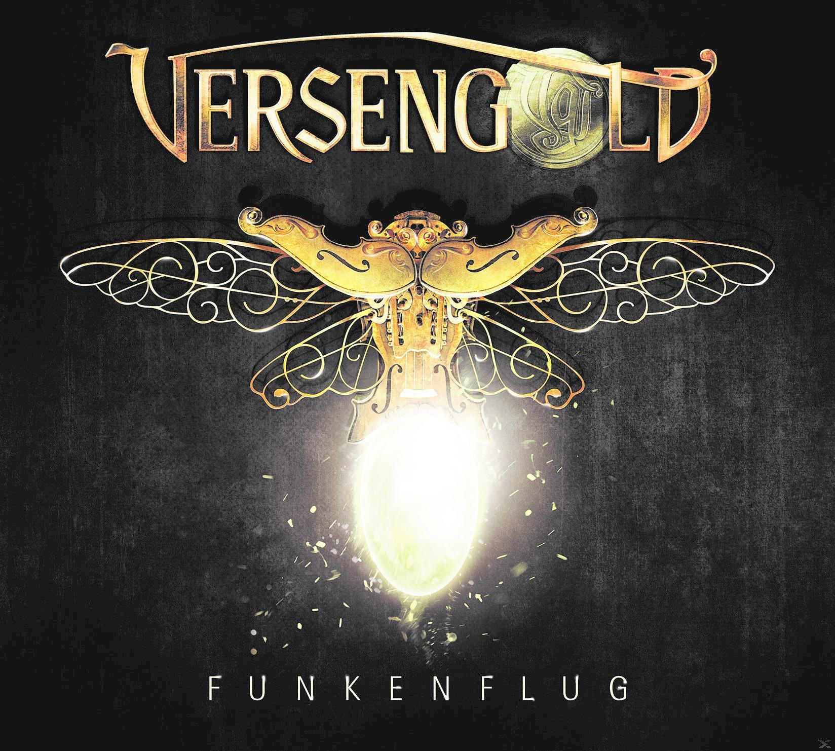 Albumcover mit einer goldenen insektenartigen Figur und dem Titel 'FUNKENFLUG' auf dunklem Hintergrund.