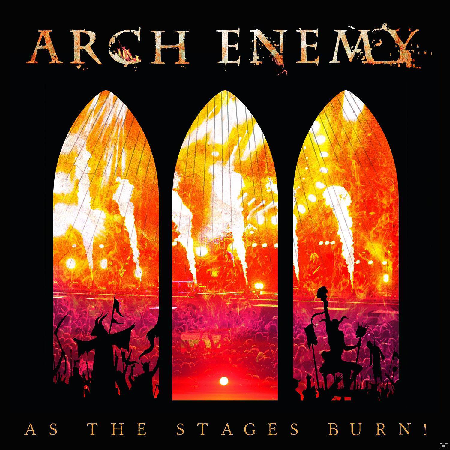 Albumcover mit den Worten "ARCH ENEMY". Drei Buntglasfenster mit Flammen und Silhouetten.