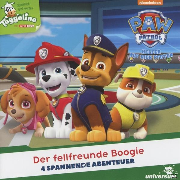Paw Patrol DVD-Cover. Vier Zeichentrickhunde in Uniformen, Text auf Deutsch und Nickelodeon-Logo.